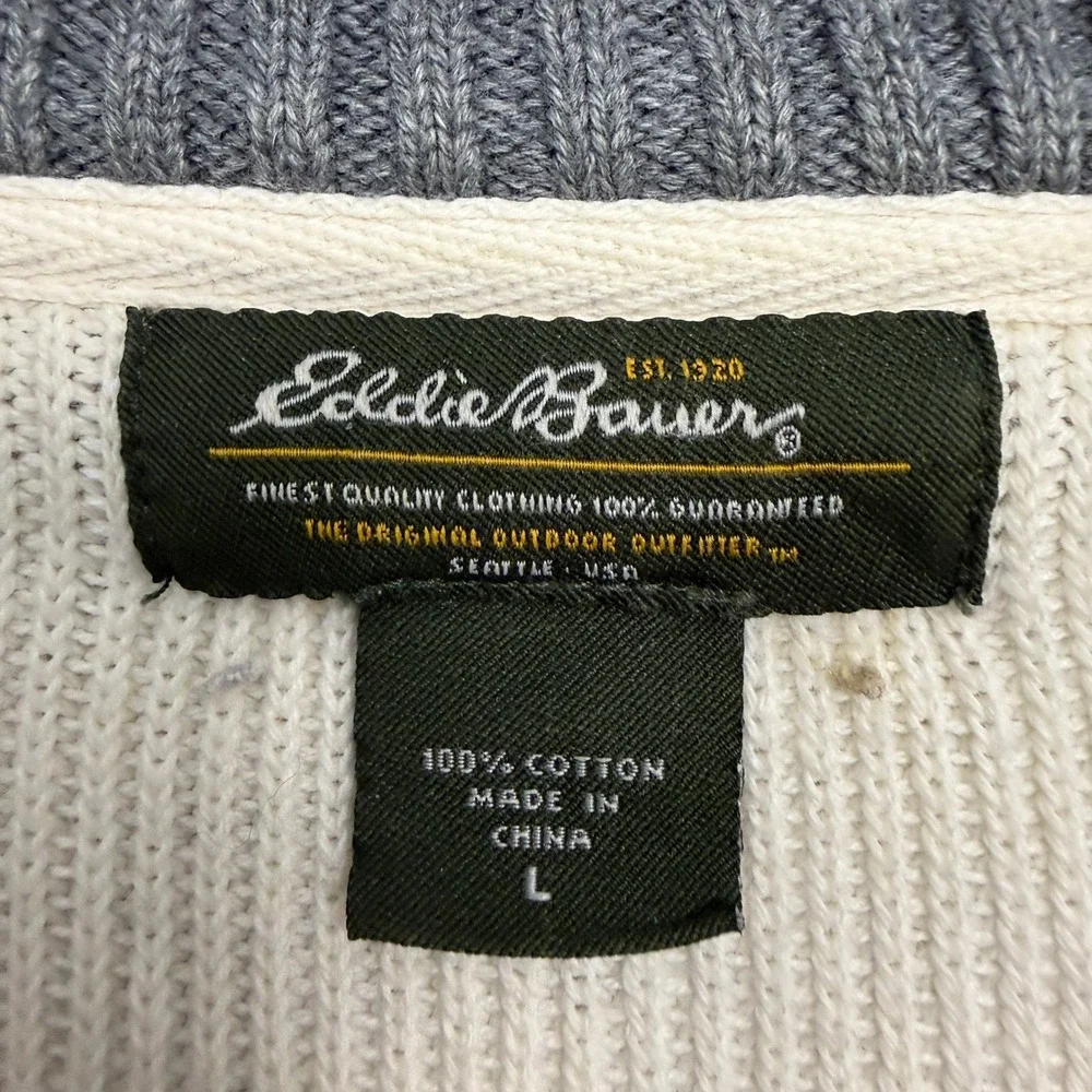 Eddie Bauer Mens Large Cream Striped Quarter Zip 100% Cotton Knit Sweater
